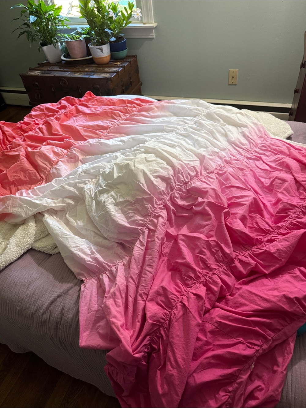 Pottery Barn Teen Pink, Coral and White Ombre Ruffled Duvet Cover